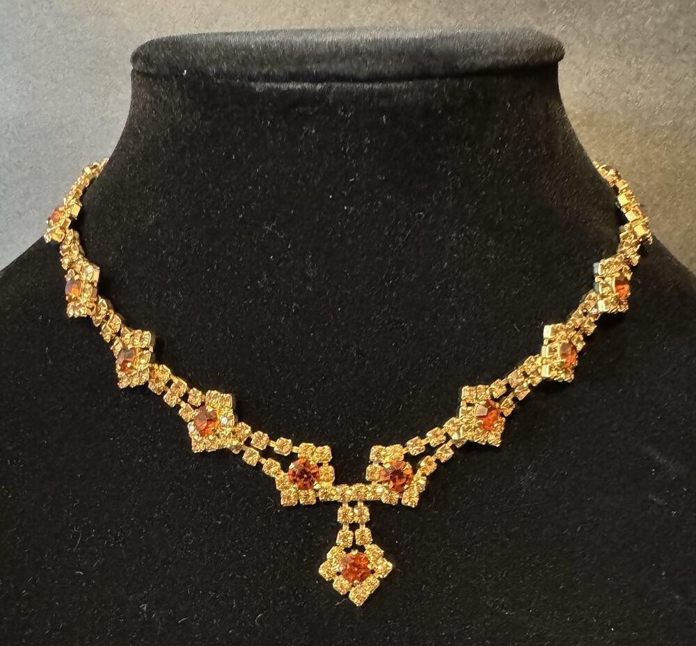 Vintage Amber Rhinestone Choker Necklace Gold Tone Drop Fringe 16" 30g